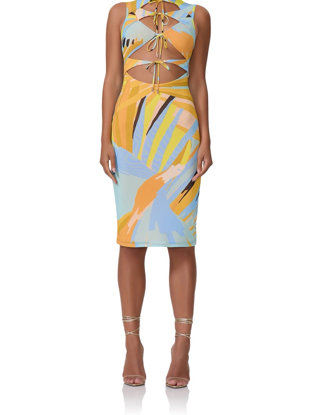 AFRM Abstract Midi Pencil Skirt in Light Blue & Yellow